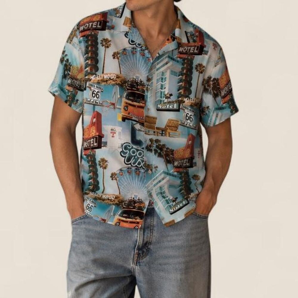 Motel Print Hawaiian Camp Shirt Retro Y2K Vacation Button Up Size S